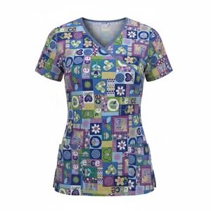 AMS Women's Mock Wrap Scrub Top Size Small Flower Power Patchwork Design Peace
